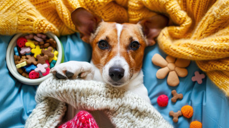 A sick dog lies on a soft blanket, surrounded by supportive toys and treats.の素材