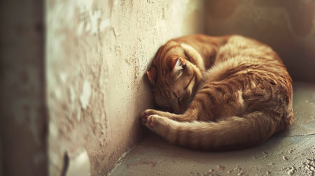 A sad cat curls up in a corner, seeking solace in solitude.の素材