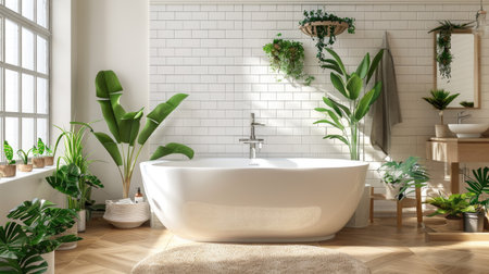 A fresh bathroom with a sparkling tub and neatly arranged plants, reflecting cleanliness and natural beautyの素材
