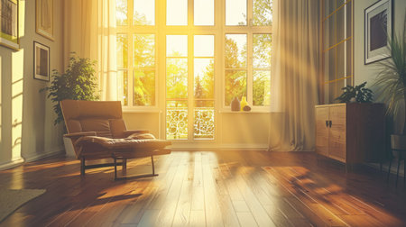 A fresh living room with bright windows and tidy furniture, reflecting a clean and beautiful aesthetic.の素材