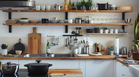 A modern kitchen with clear countertops and neatly aligned cookware, epitomizing cleanliness and organizationの素材