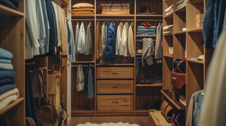 A spacious clothes storage room with neatly hung garments and tidy drawers, showcasing organization and cleanlinessの素材
