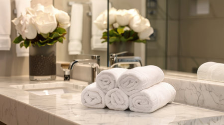 A luxurious bathroom with a spotless marble countertop and neatly folded towels, showcasing clean elegance.の素材