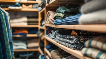 A pristine storage room with shelves of neatly folded sweaters and organized hanging space, exuding cleanliness.の素材
