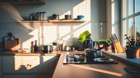 A modern kitchen with clear countertops and neatly aligned cookware, epitomizing cleanliness and organizationの素材