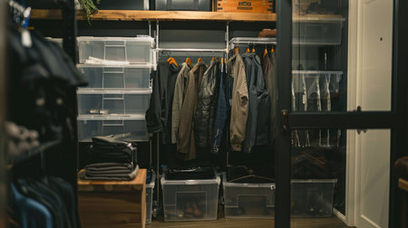 A stylish storage room with clear garment bags and neatly arranged accessories, reflecting perfect order.の素材