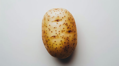 A freshly washed potato glistening on a white background, highlighting its clean, smooth surface.の素材