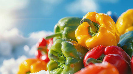 A close-up of colorful bell peppers on a pristine white mountain, showcasing their fresh and bright appearance.の素材