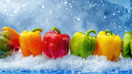 A collection of colorful bell peppers with droplets of water on a white mountain, emphasizing their freshness.の素材