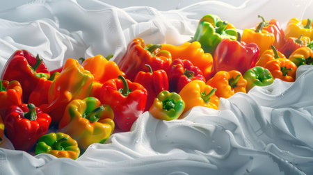 A mix of vibrant bell peppers cascading down a white mountain, creating a lively and dynamic scene.の素材