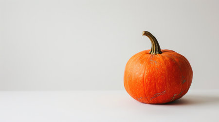 A single, vibrant orange pumpkin with a green stem on a pristine white background, emphasizing its natural beauty.の素材
