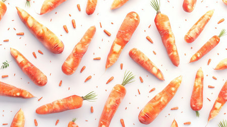 Carrots of various shapes and sizes scattered on a white background, creating a lively and fresh scene.の素材