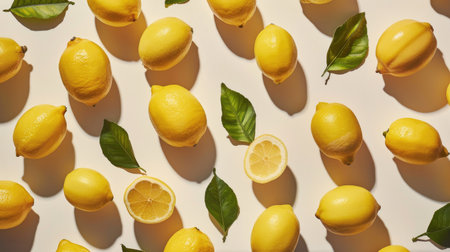 Lemons with different shapes and sizes scattered on a white background, creating a lively and fresh sceneの素材