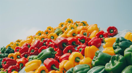 An array of red, yellow, and green bell peppers on a white mountain, creating a visually appealing composition.の素材