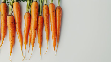 A cluster of fresh orange carrots arranged neatly on a pristine white background, showcasing their crispness.の素材