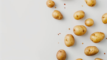 Several potatoes scattered across a clean white background, highlighting their varied sizes and rough skinsの素材
