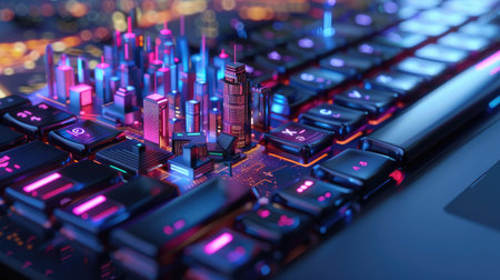 A minimalist keyboard with a digital cityscape overlay, combining modern life and technological advancement.の素材