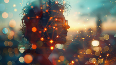 Businessman's profile with double exposure of social network nodes and a brightly lit city at night, emphasizing communication.の素材