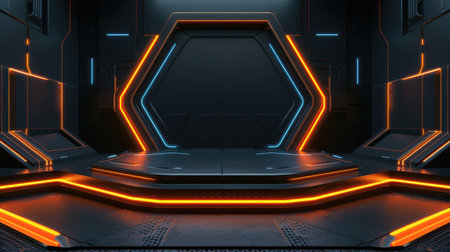 Dark sci-fi futuristic podium with neon orange glowing accents, creating an atmospheric setting for modern product showcases. Vector illustration.の素材