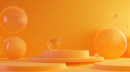 Abstract orange scene with a minimal podium and airborne geometric bubble shapes, ideal for contemporary designs.の素材