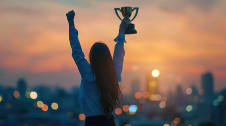 Confident businesswoman's raised hand, overlayed with a trophy, representing celebration of achievements.の素材