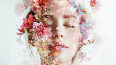 Beautiful woman serene face with closed eyes, overlaid with bright flowers on a white background. Double exposure, emphasizing beauty.の素材