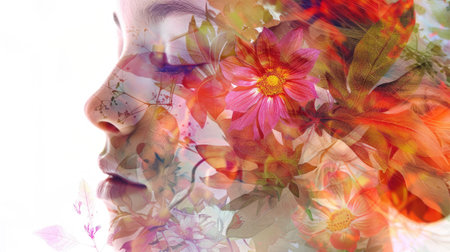Close-up of a woman face, eyes gently closed, merged with colorful flowers. Double exposure on white background, showcasing inner beauty and tranquility.の素材