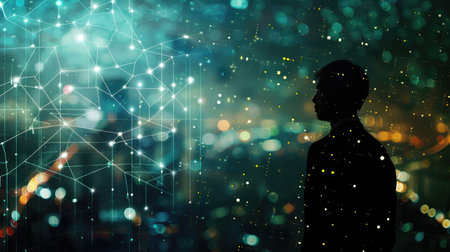 Businessman's side silhouette merged with a glowing social network map and night city lights, representing digital connectivity.の素材