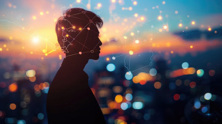 Businessman's side silhouette merged with a glowing social network map and night city lights, representing digital connectivity.の素材