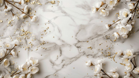 Elegant marble backdrop adorned with subtle gold accents, featuring an empty area for adding personalized text. Perfect for upscale visuals.の素材