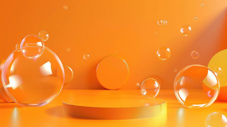 Modern abstract scene with a podium and air floating geometric bubbles on an orange backdrop.の素材