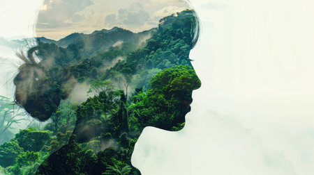 Side silhouette portrait of a woman, double exposure with green mountains and lush trees, symbolizing harmony with nature.の素材