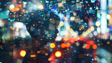 Side profile of a young businessman, double exposure with social media icons and a vibrant night city backdrop.の素材