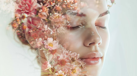 Serene female face with eyes closed, overlaid with an array of flowers. Double exposure portrait on a white background, highlighting natural beauty.の素材