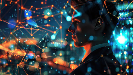 Side view of a young businessman, combined with social media connections and a glowing night city background.の素材