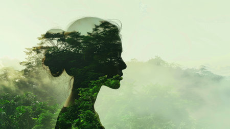 Side silhouette of a woman, double exposure effect with green landscapes, trees, and distant mountains, symbolizing natural serenity.の素材