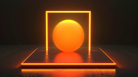 Modern square podium with frosted glass and orange neon glow ball on black backdrop, ideal for product showcases. Vector illustration.の素材