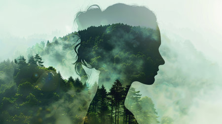 Side silhouette portrait of a woman, overlayed with a green forest and mountain scenery, emphasizing natural harmony.の素材