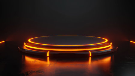 Sci-fi futuristic podium with neon orange glow, ideal for showcasing products in a cyber-themed environment. Vector illustration isolated on black.の素材