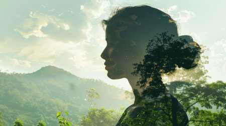 Side view silhouette of a woman, double exposure with lush greenery, mountains, and forest, capturing the essence of nature.の素材