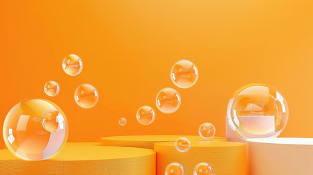 Minimal podium with air floating geometric bubbles on a vibrant orange background, creating a modern abstract scene.の素材