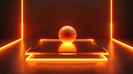 Square podium with frosted glass floor, illuminated by orange neon lights and glow ball on black backdrop. Vector illustration for product display.の素材