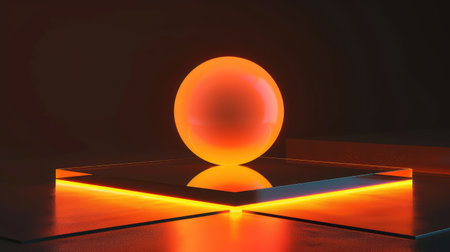 Square podium with frosted glass floor and orange neon light, glow ball on a black background, perfect for product display. Vector illustration.の素材