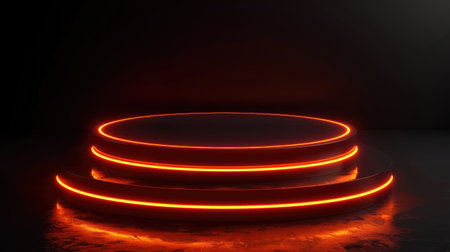 Sci-fi futuristic podium with neon orange glow, ideal for showcasing products in a cyber-themed environment. Vector illustration isolated on black.の素材