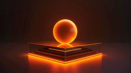 Square podium with frosted glass, orange neon lighting, and glow ball on a dark backdrop, ideal for showcasing products. Vector illustrationの素材