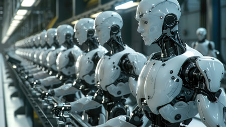 Industrial robots working on an assembly line, showcasing automation and efficiency in a modern factory settingの素材