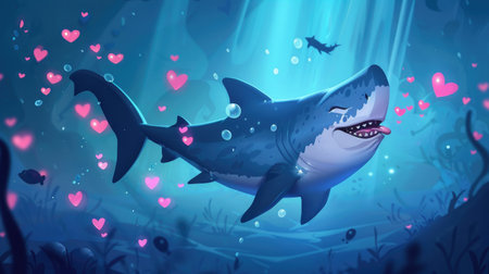 A playful cartoon shark blowing a kiss, with a trail of heart-shaped bubbles floating in the waterの素材
