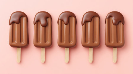 Five chocolate ice cream bars arranged neatly on a pink background, inviting and perfect for summer desserts, sweet indulgences, or enticing food photography.の素材