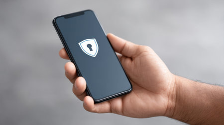 A close-up image of a hand holding a smartphone featuring a security shield icon on the screen, symbolizing the importance of cybersecurity in today's mobile technology landscape.の素材