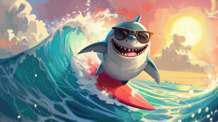 A joyful cartoon shark wearing sunglasses, riding a surfboard on a fun wave with a bright sky backdropの素材